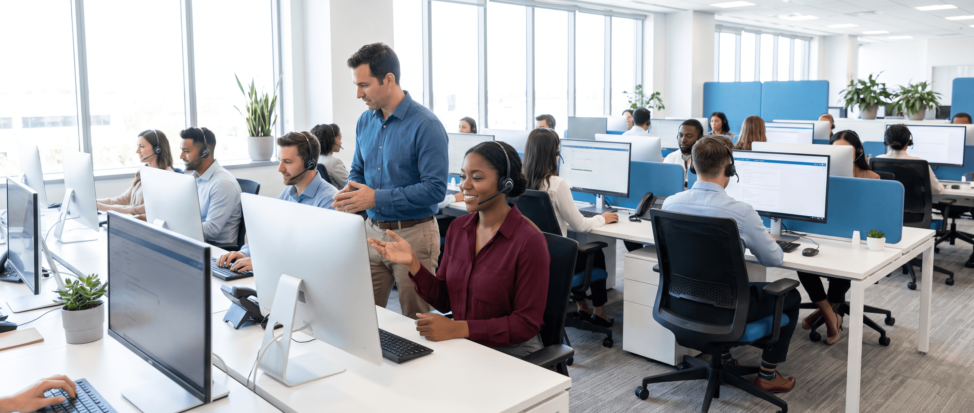 Call center team collaborating at their desks