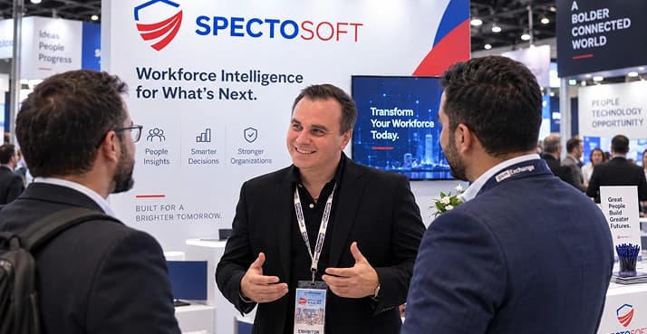 Spectosoft team discussing workforce intelligence at a conference