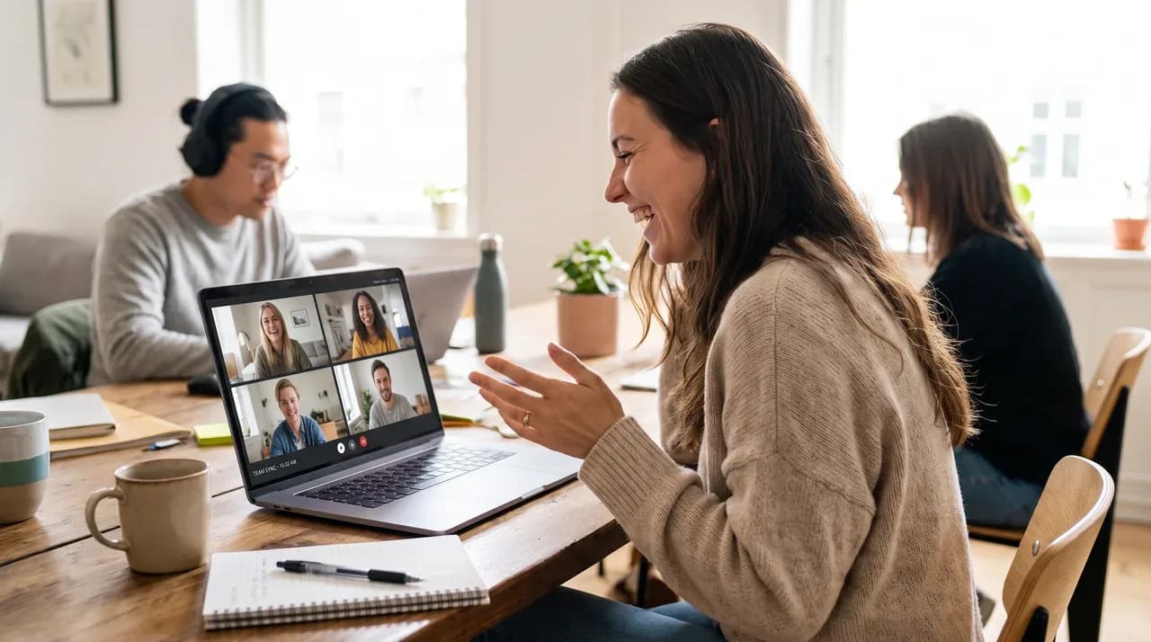 Remote teammate on a video call during a hybrid team pilot